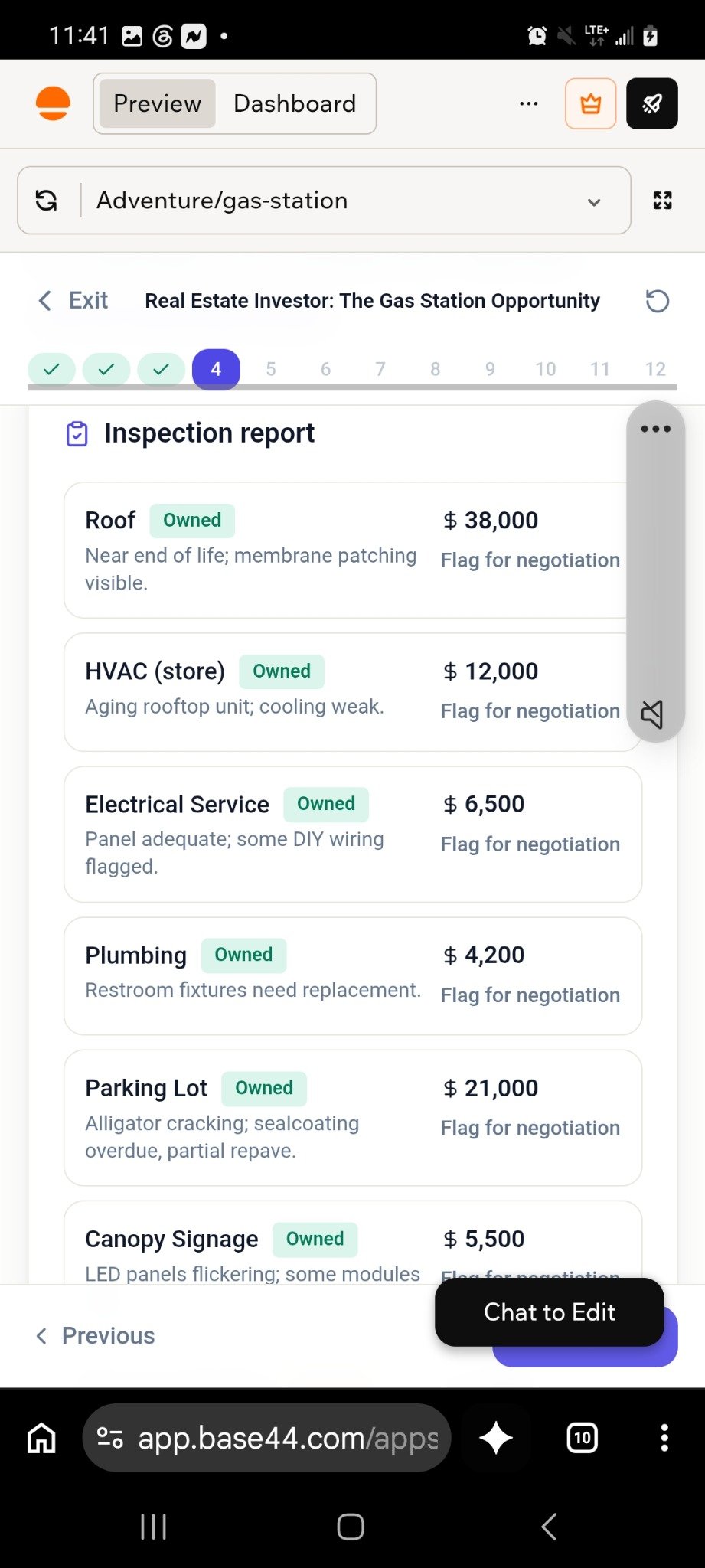 Real-estate investor activity analyzing inspection costs for a gas station property