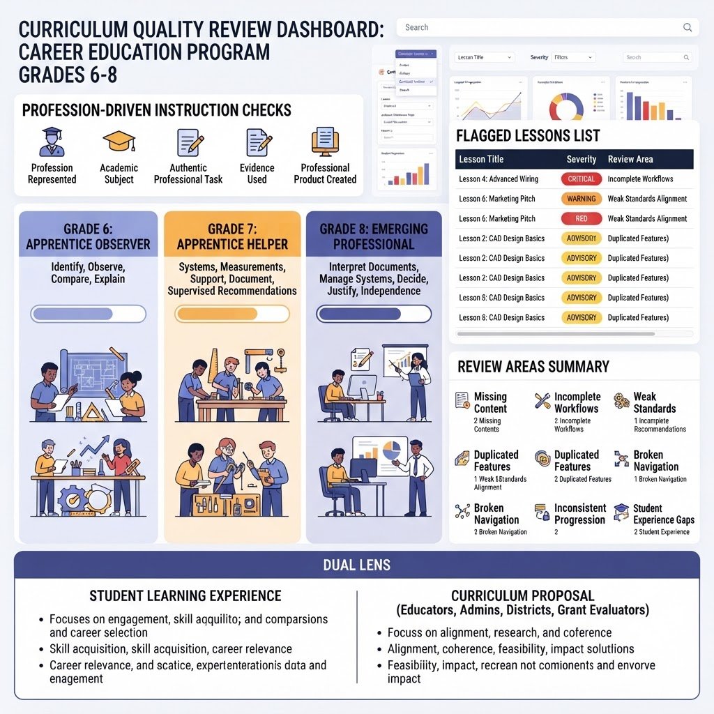 Curriculum quality review dashboard showing standards, tasks, and reviewer feedback