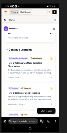 Learning platform showing Scientific Observation paired with Veterinarian and Fractions paired with Carpenter and Chef