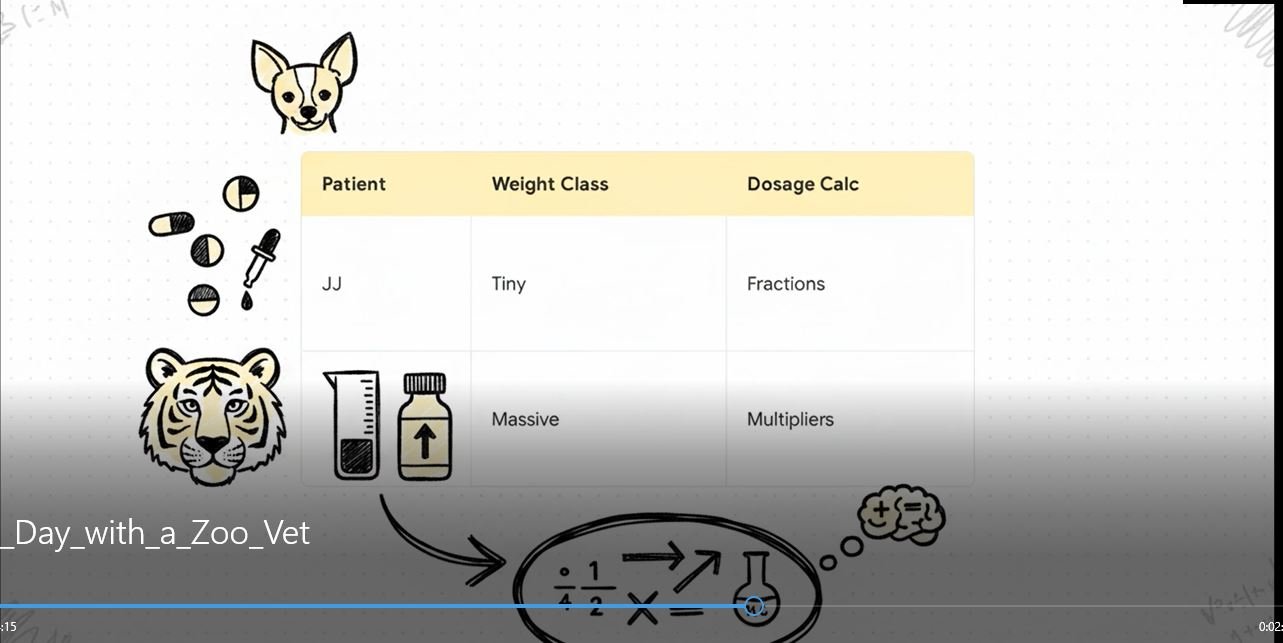 Veterinary medication calculation comparing JJ and a tiger