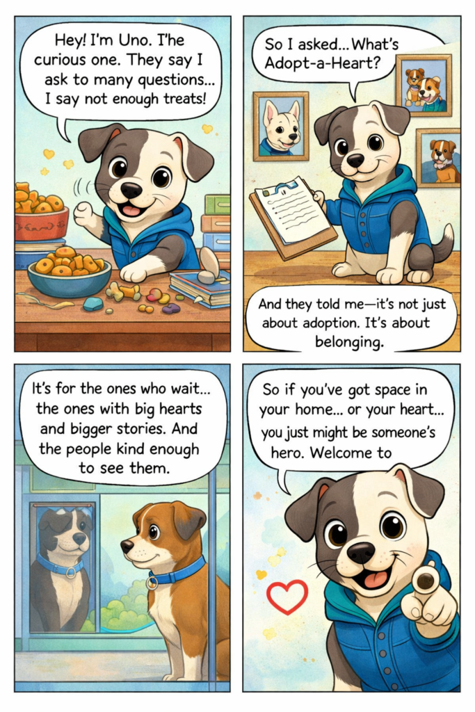 adopt a heart comic strip (003) visual inference childrens book with MeMe JJ and Friends